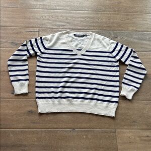 Duffield Lane Cream and Navy Cashmere V-Neck Sweater